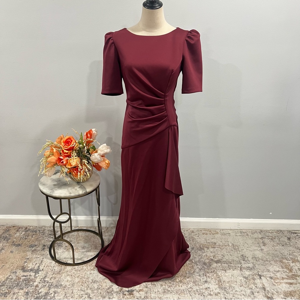 Xscape Evenings Burgundy Red Ruffle Puff Sleeve Side Ruching Formal Maxi Gown
